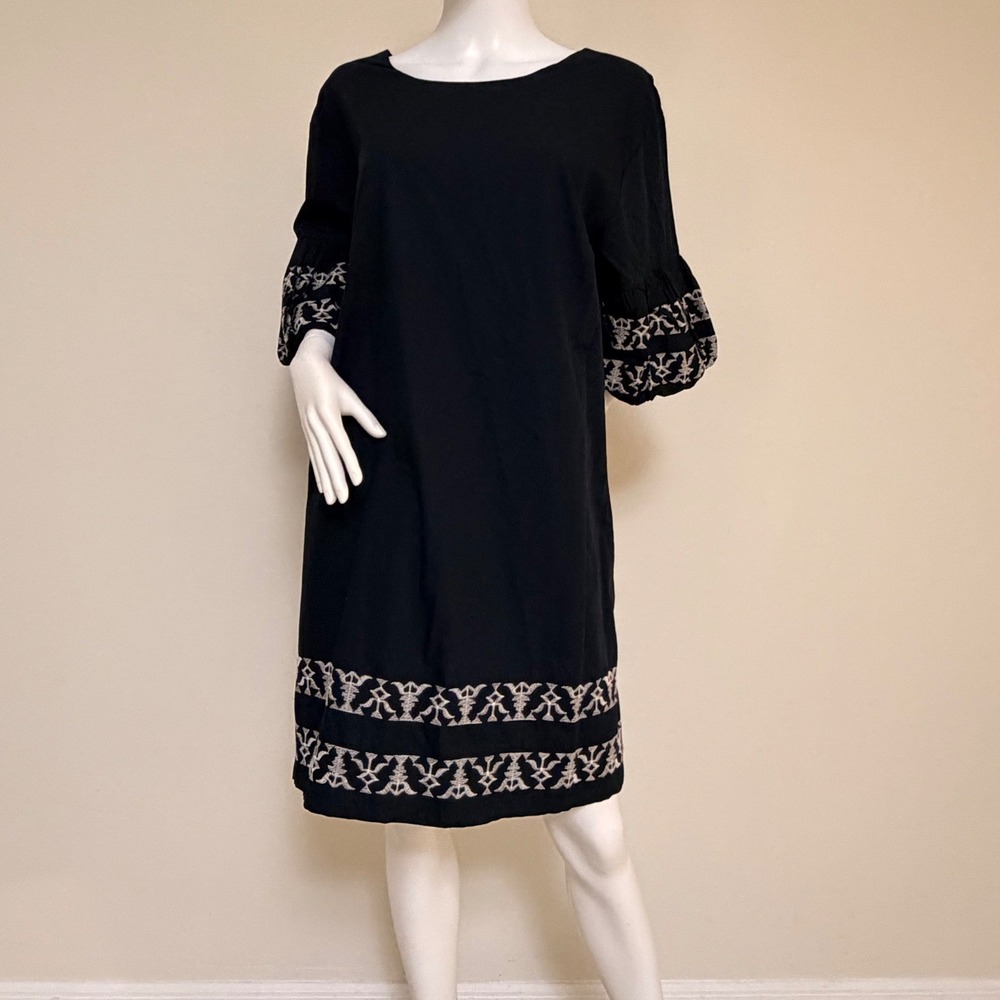 NWT Banana Republic Black Embroidered Cotton  Dress XL Tiered Flutter Sleeve‎